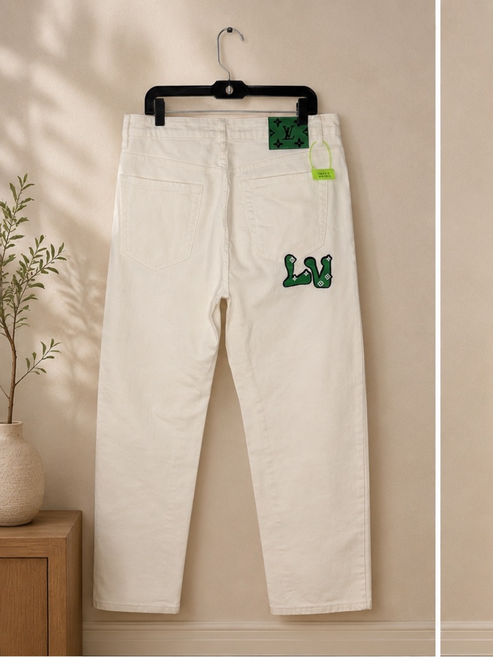 Louis Vuitton Cream Slim Straight Jeans with Green LV Patch